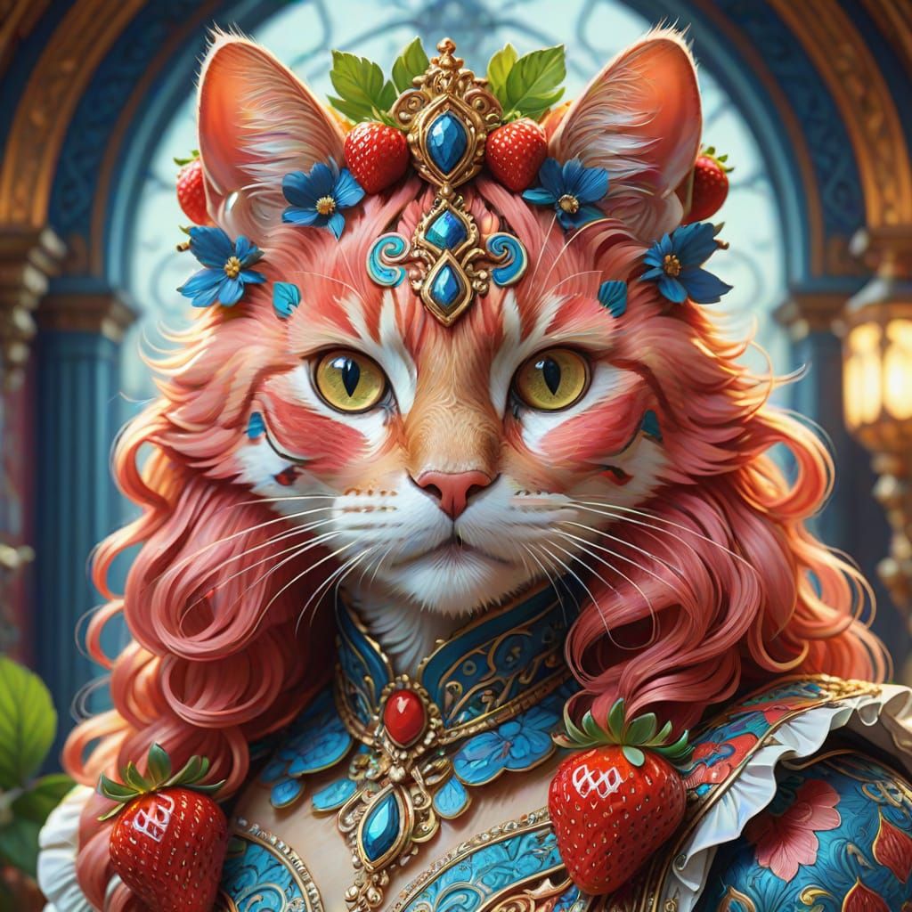 Luxurious Strawberry Cat Portrait in Vibrant Art Nouveau Sty...