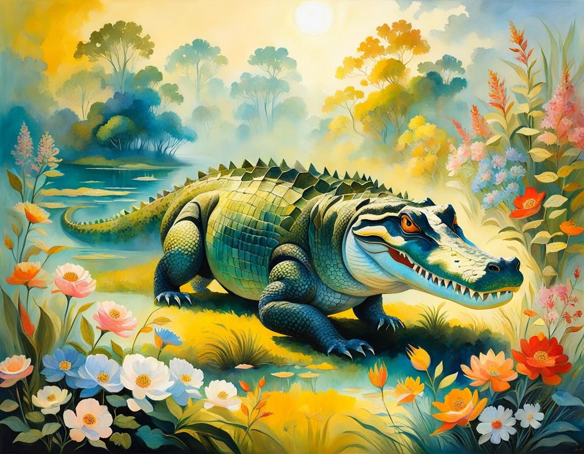 Alligator in Fantasy Floral Landscape