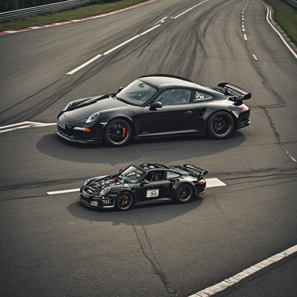 Black Porsche 911 on Racetrack, Hyperrealistic