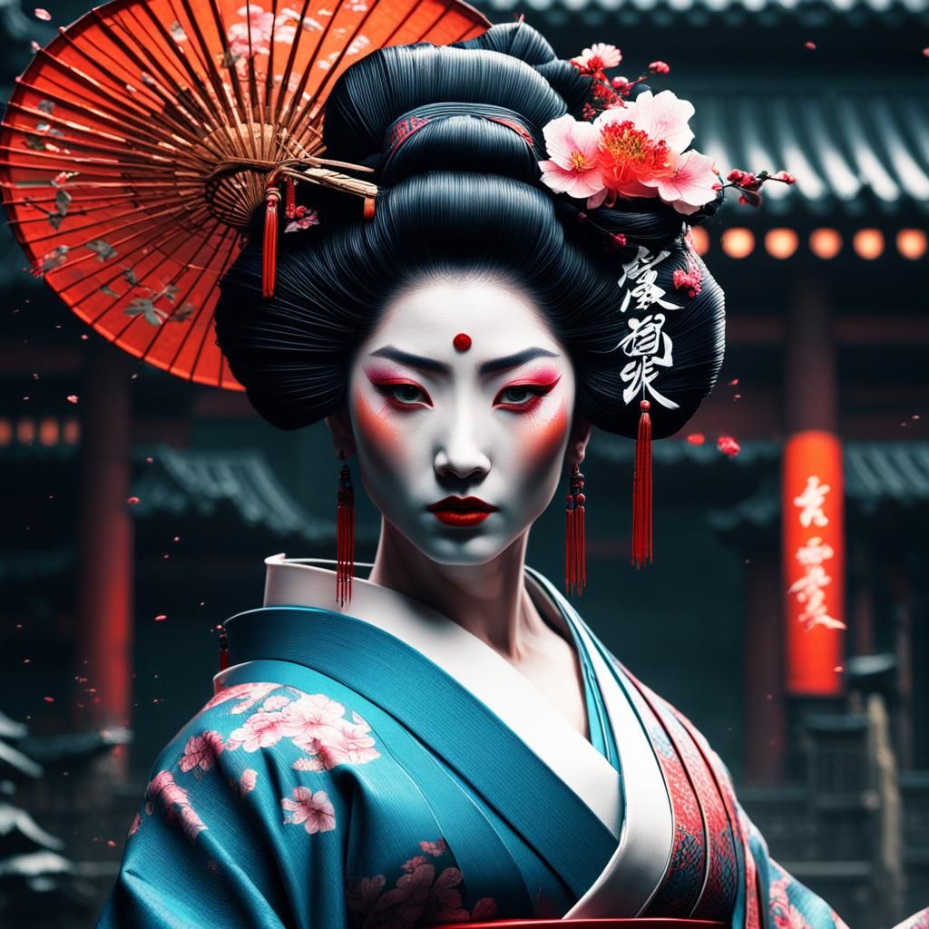 Geisha Portrait with Vaporwave Calligraphy in 16k