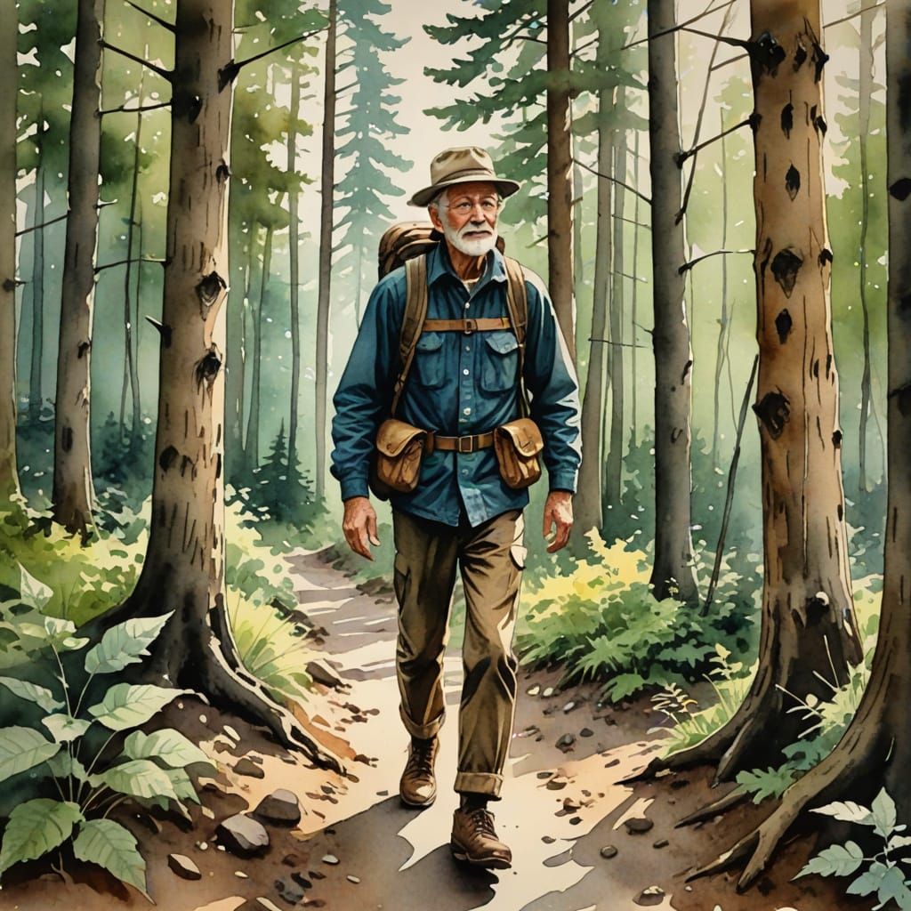 Vintage Watercolor of Elderly Hiker in Woods