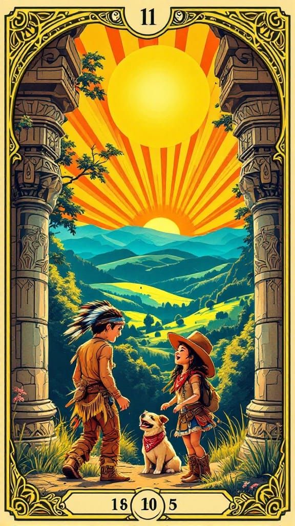 Vibrant Sun Tarot Card in Art Deco Style