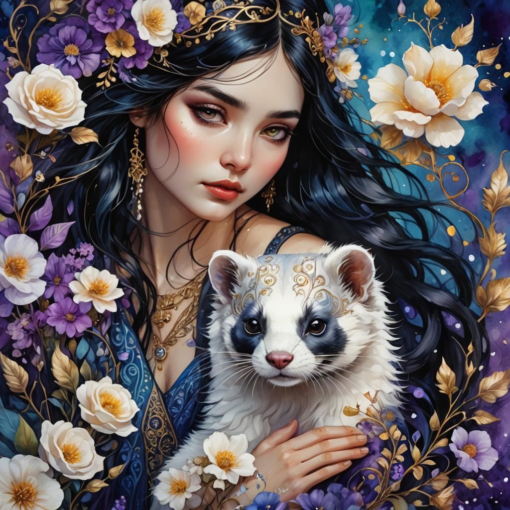 Bohemian Girl with Ferret in Watercolour Fantasy Art