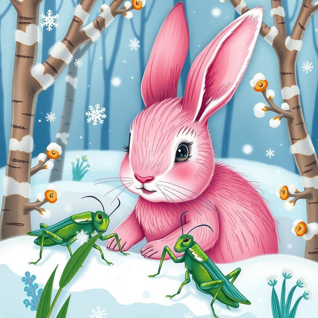 Pink Bunny in Snowy Forest, Children's Book Illustration