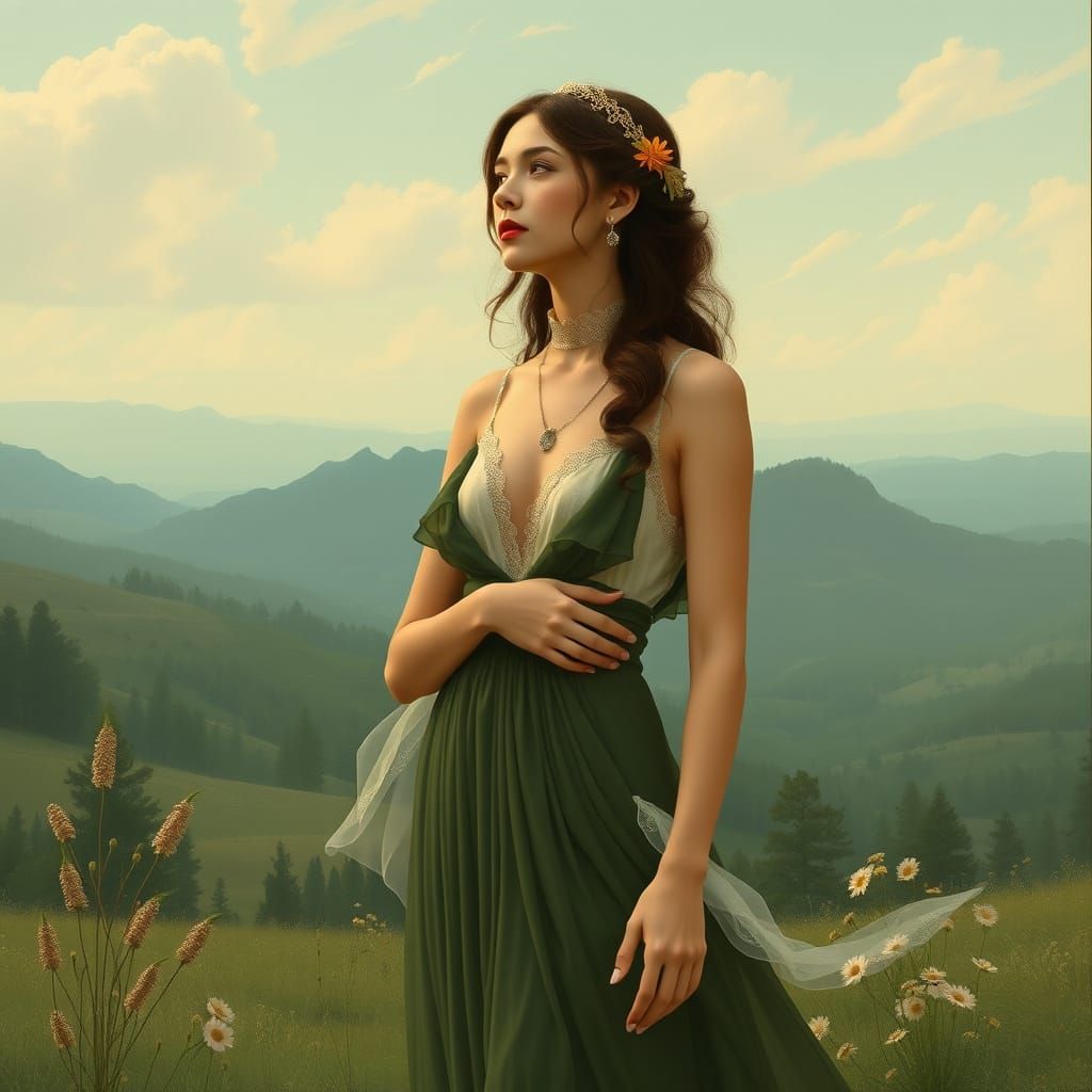 Elegant Woman in Serene Landscape, Art Nouveau Style