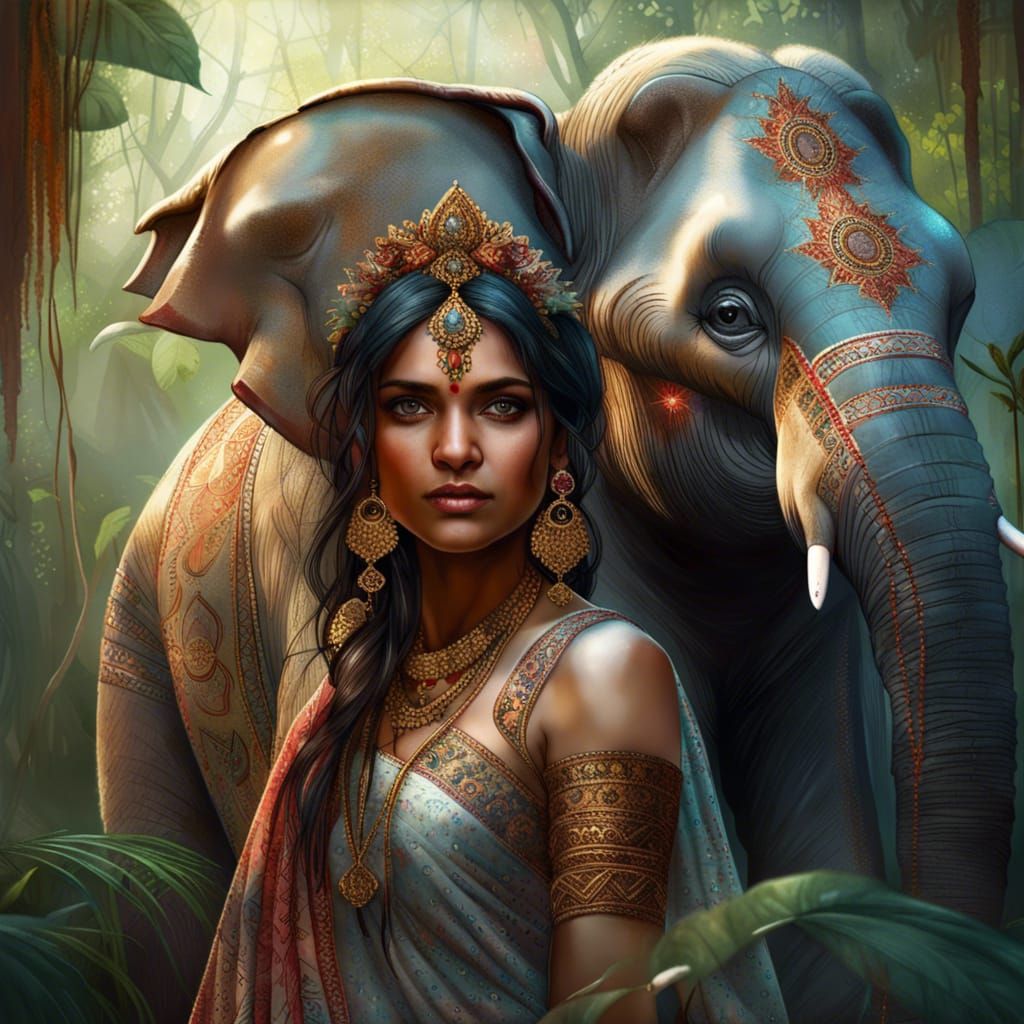 Indian Princess Portrait with Decorated Elephant