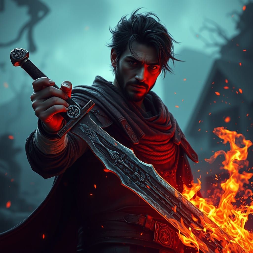 Mystic Warrior Ignites Inferno in Splendid Fantasy Scene