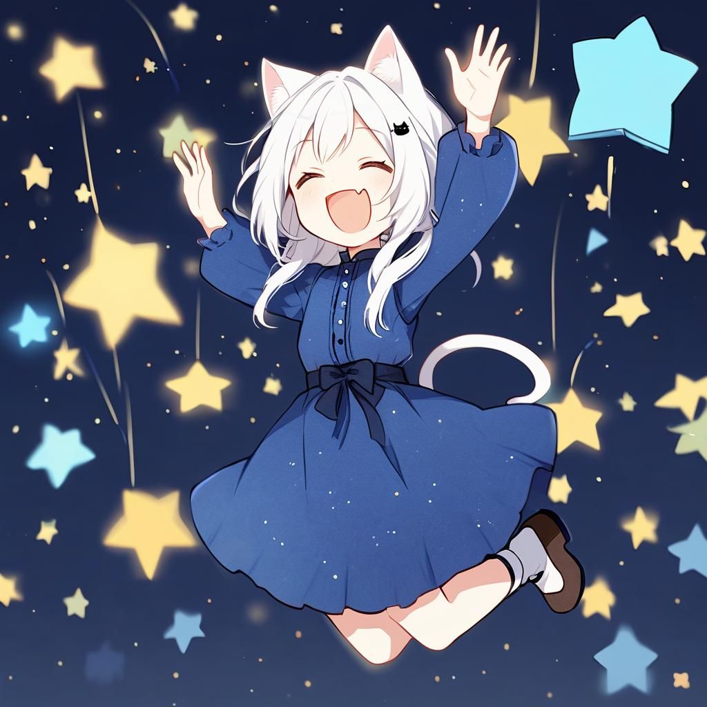 Cute Catgirl Jumps in Starry Sky