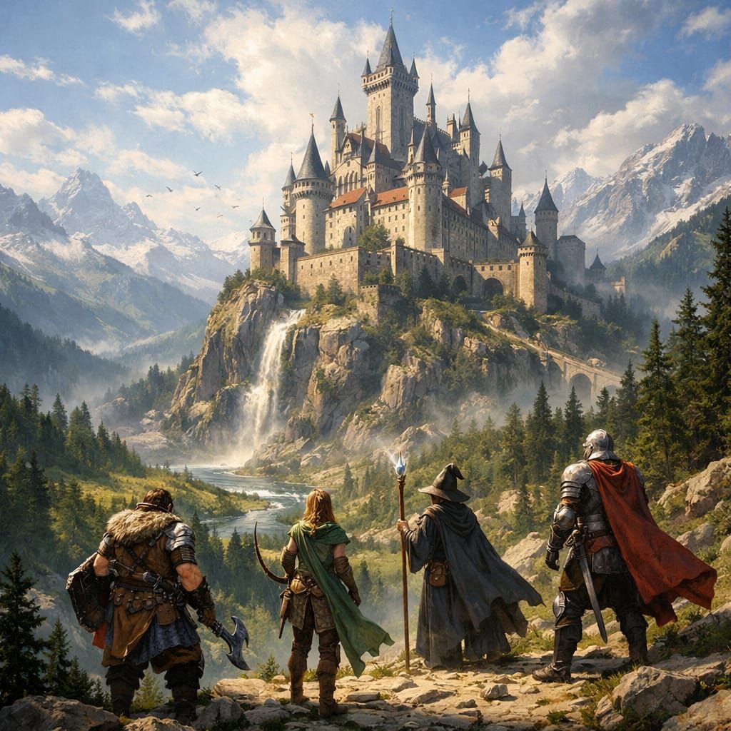 Fantasy Castle on Mountain Overlooking Forest Valley