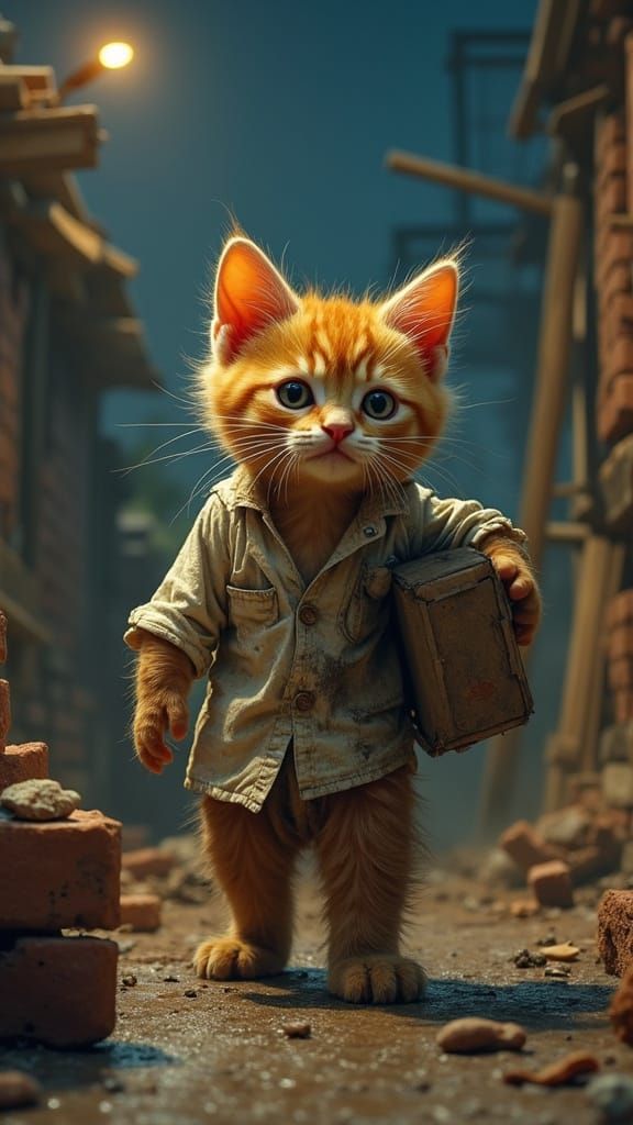 Muddy Kitten Carries Heavy Box in Hyper-Realistic Constructi...