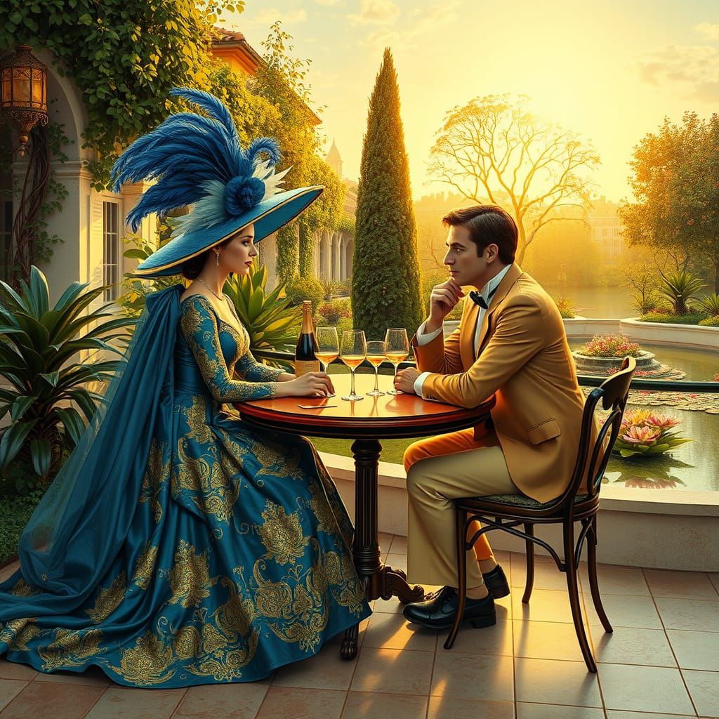 Elegant Couple Dining in Klimt-Inspired Café Scene