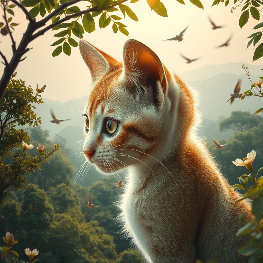 Kitten Profile Merged with Vibrant Forest, Double Exposure