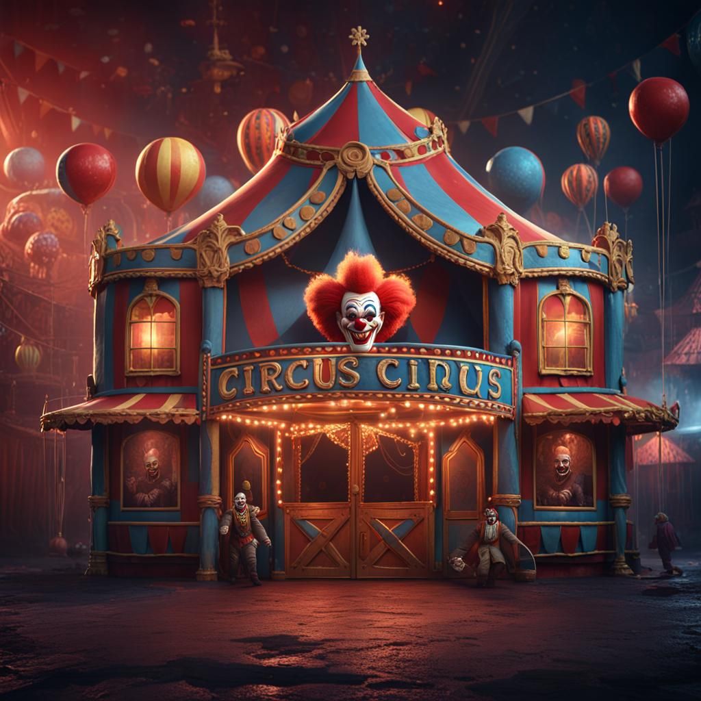 Creepy Clown Outside Circus Funhouse: Detailed Matte Paintin...