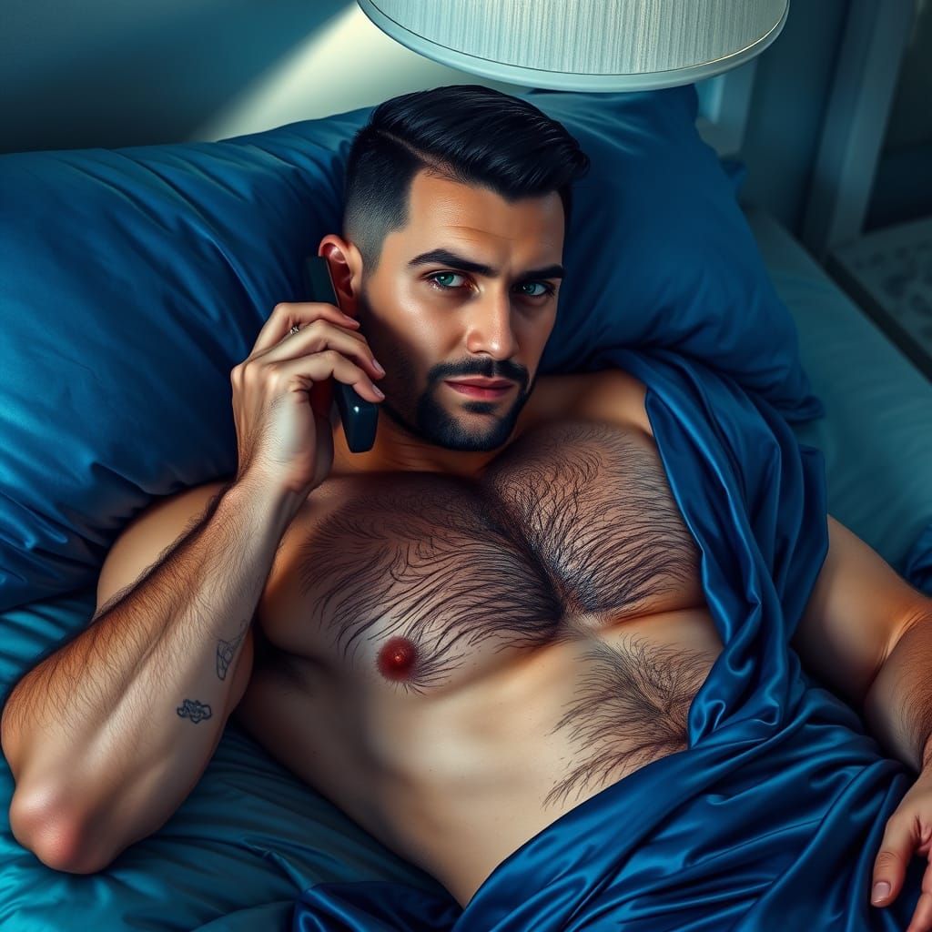 Shirtless Man with Emerald Eyes Talking on Phone