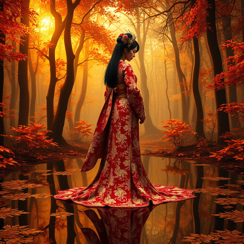 Geisha in Red and Gold Lace on Mirrored Floor