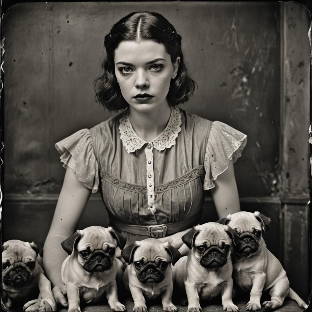 anya taylor joy with pug puppies