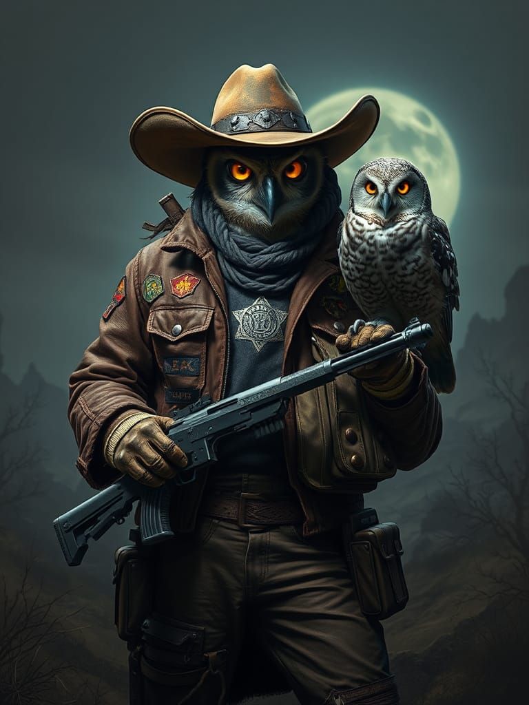 Atompunk Owl-Cowboy Stands Confidently in Haunting Desert La...