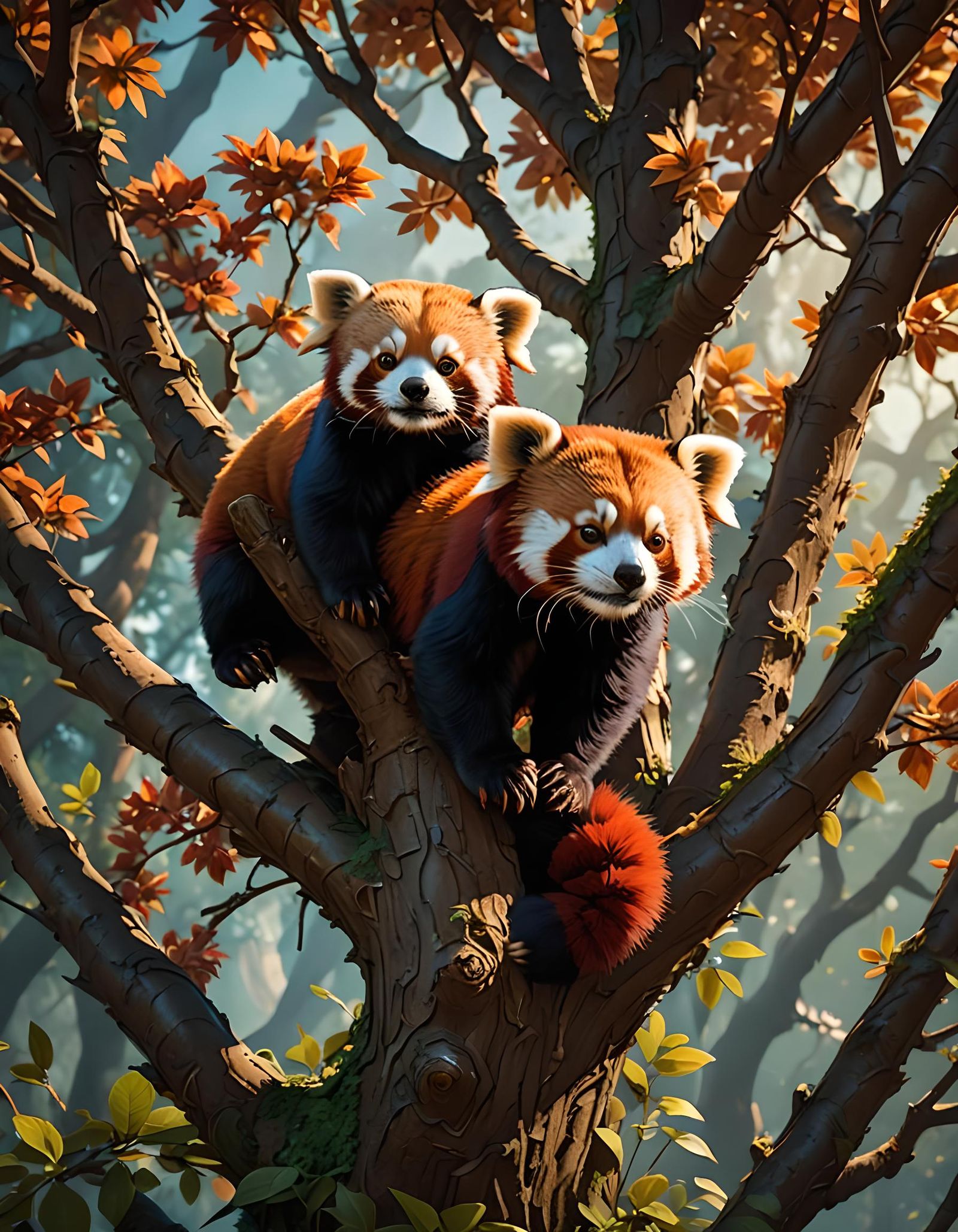 Red Panda Climbing Tree in Art Nouveau Style