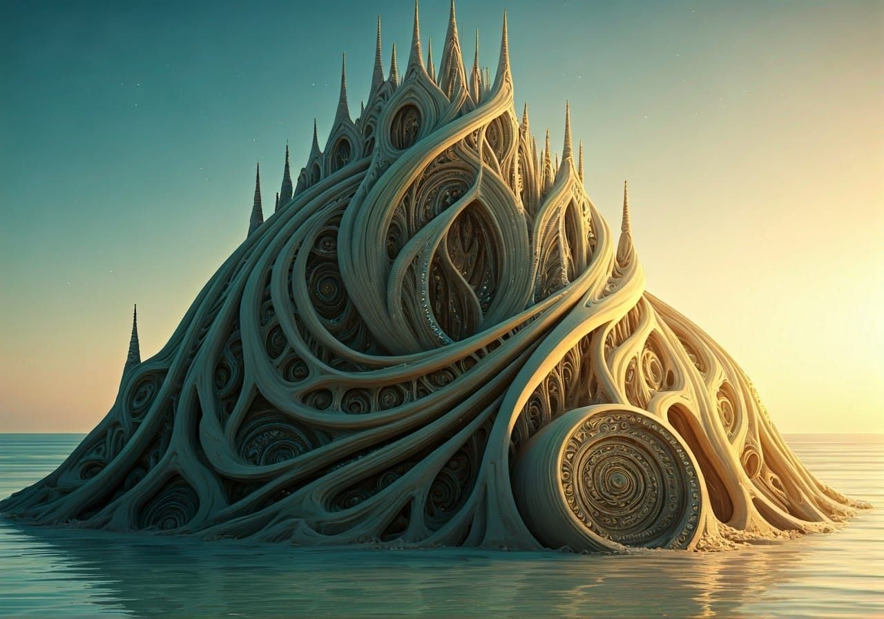 Gaudí-esque Sandcastle Sculpture on Tropical Beach