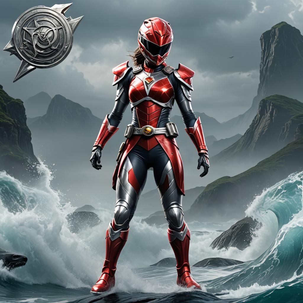 Power ranger female in  A red and silver costume with a seal-inspired design
A red helmet with a silver seal emblem on t...