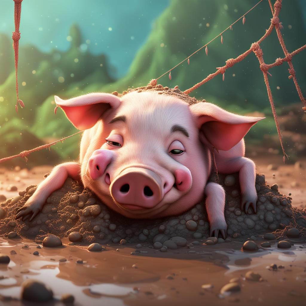 Happy Pig Nap with Spider, 3D Digital Art