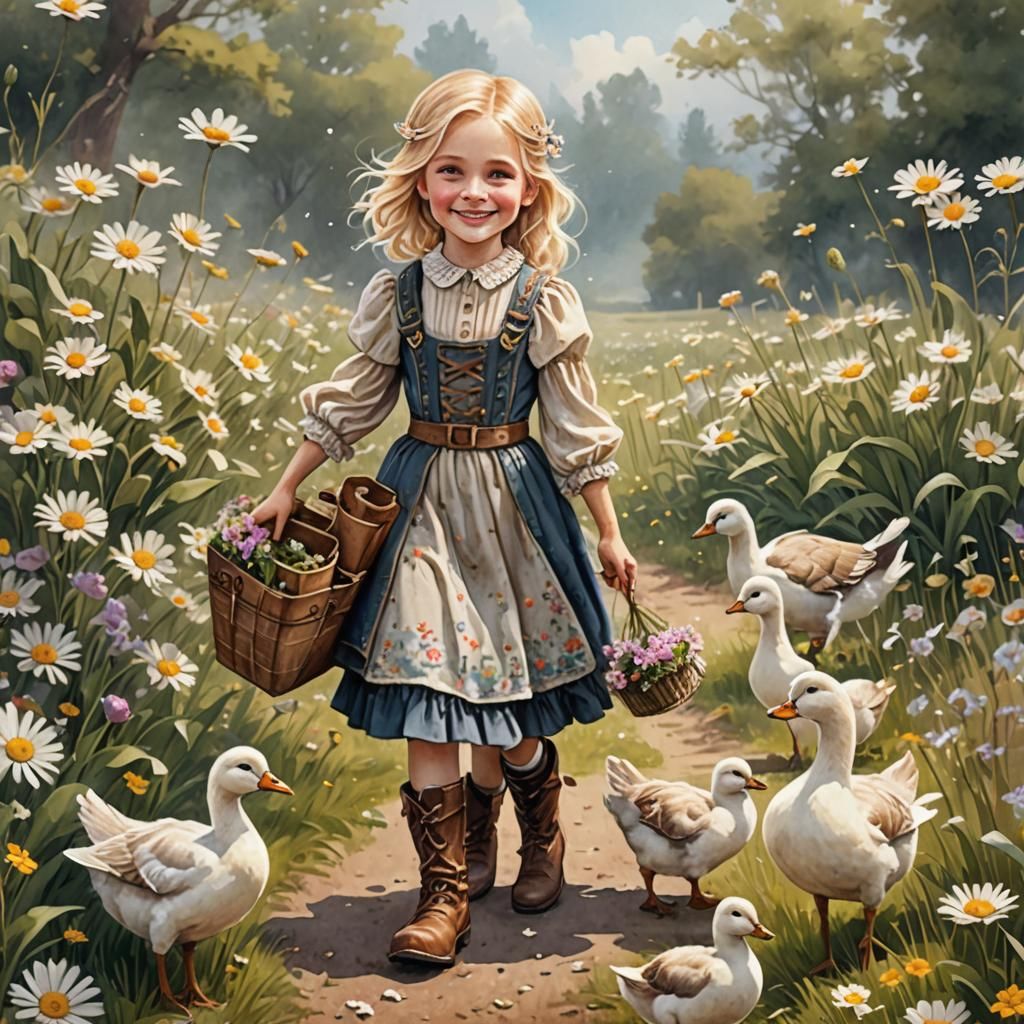 Victorian Girl Walking Geese in Watercolour Field