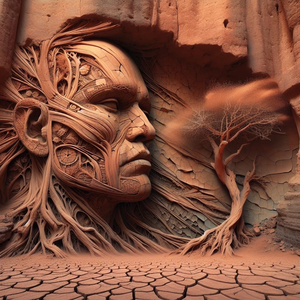 Clay Sculpture of Indigenous Figure in Arid Canyon