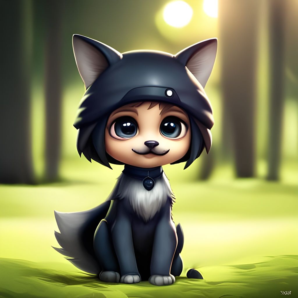 Adorable Chibi Wolf with Mustache in Digital Artwork