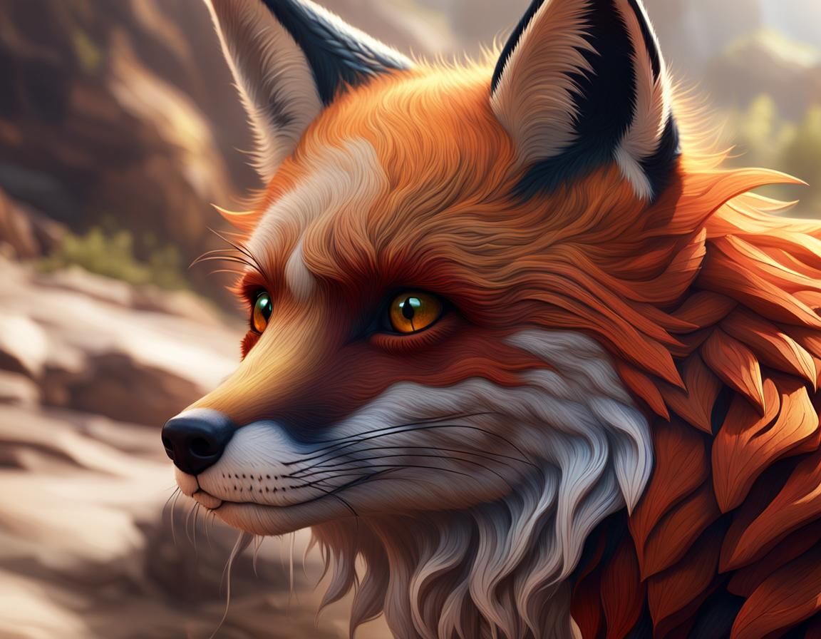 Teak Red Fox Close-Up: Detailed Digital Painting