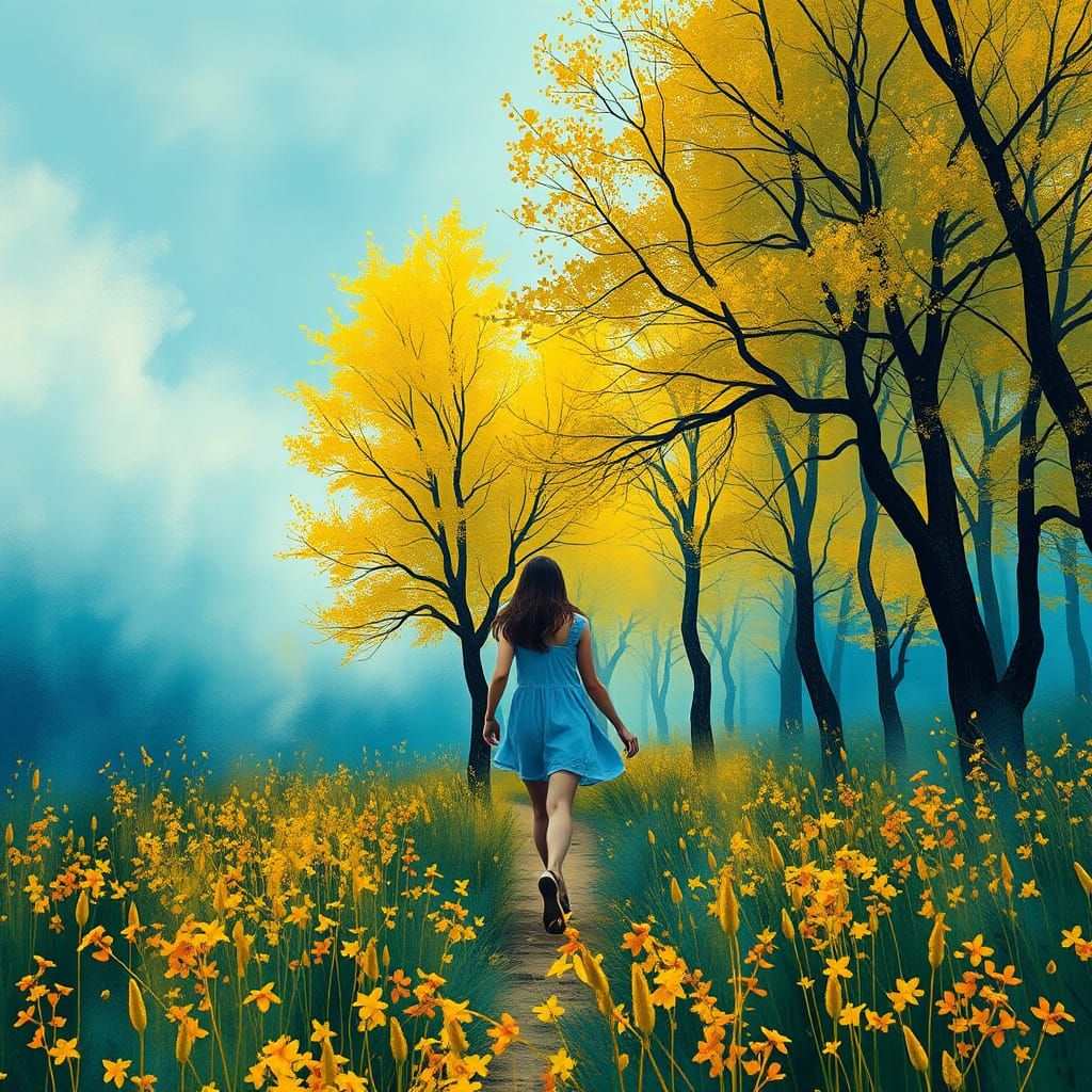 Girl Walking in Majestic Ethereal Landscape