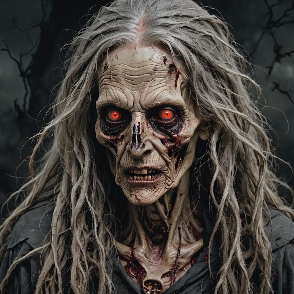 Portrait of a ghastly old witch, now frail and powerless. He...