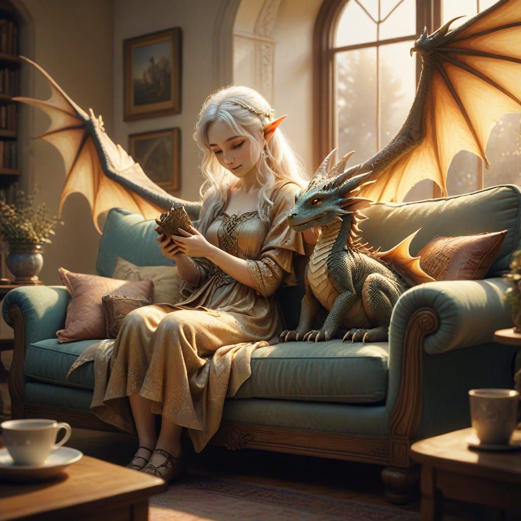 Whimsical Fantasy Illustration of an Elf Lady and Her Tiny D...