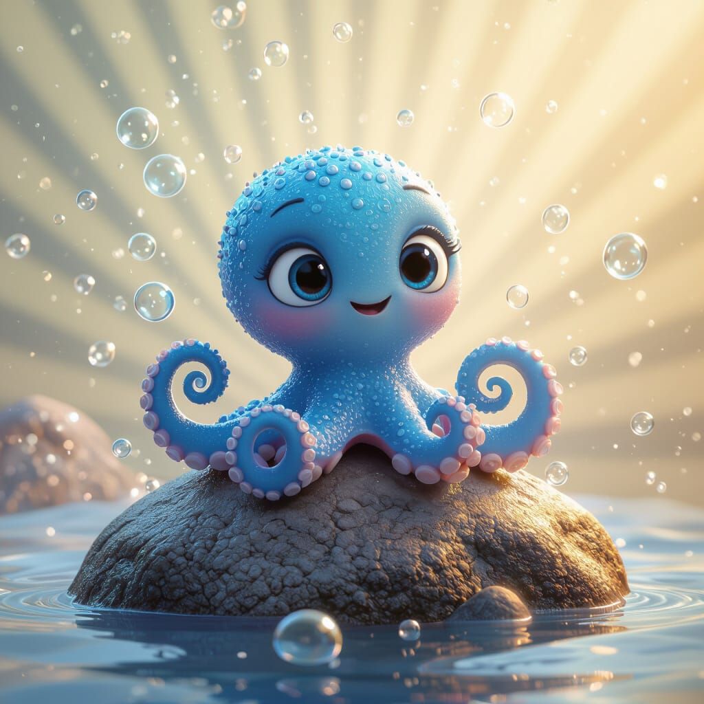 Cute Octopus on Rock in 2D Pixar Style