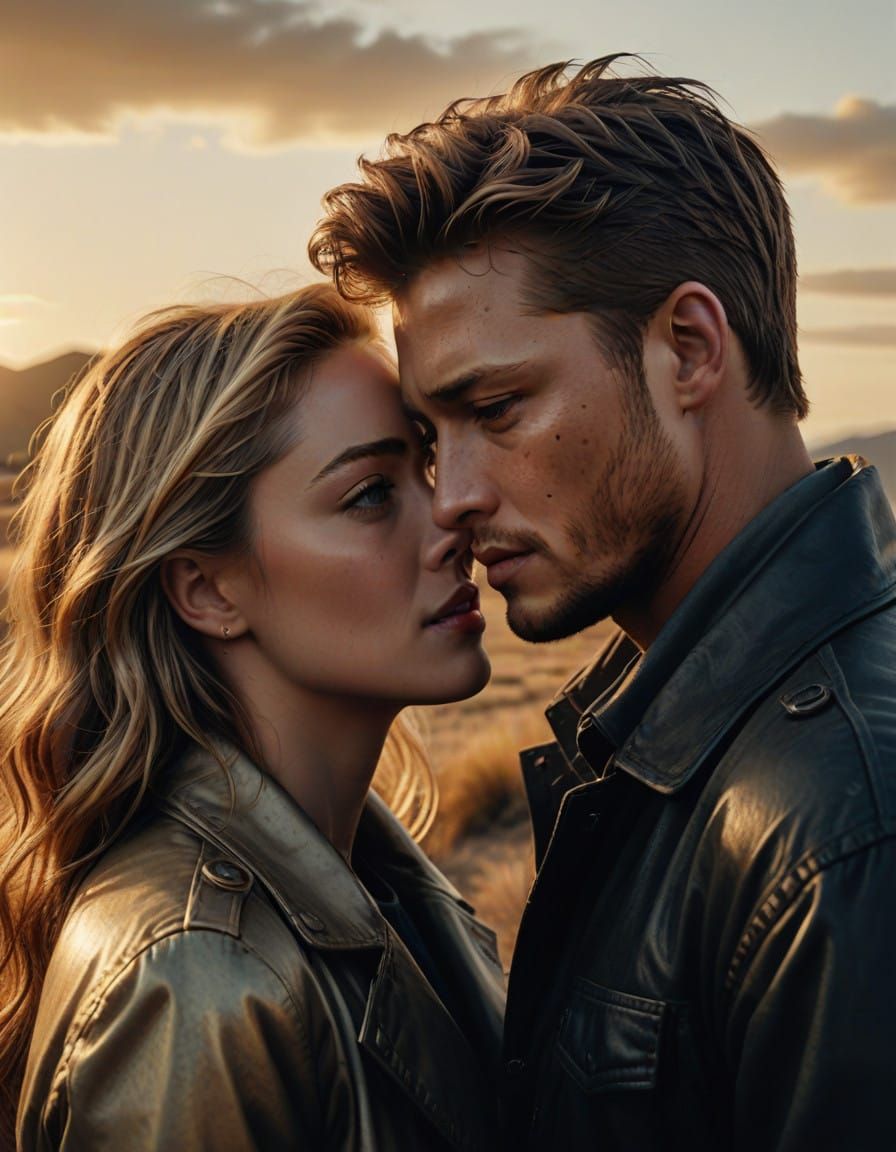 Romantic Cinematic Moment: Intimate Embrace in Warm Golden L...