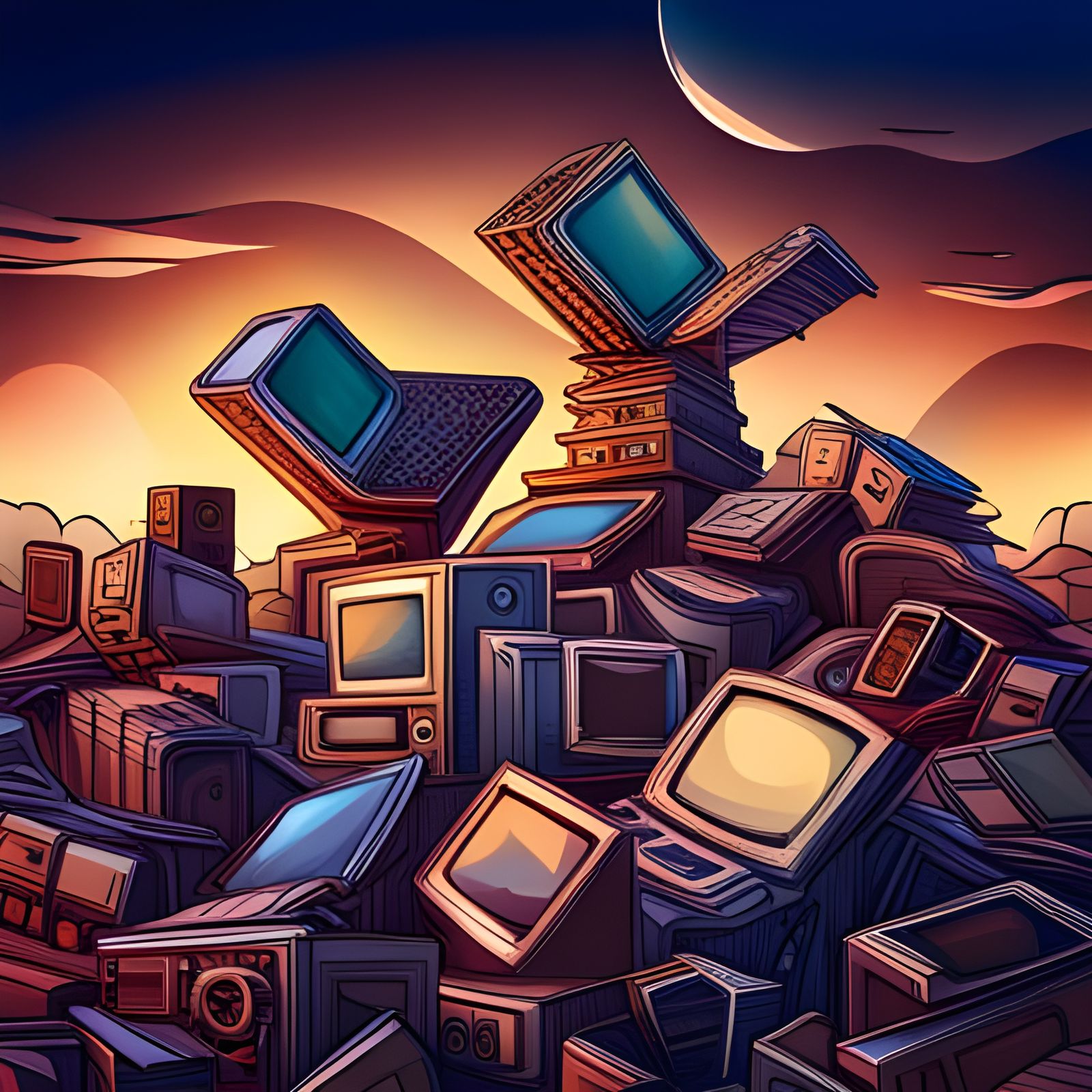 Old PCs Landfill with Abstract Vector Fractal
