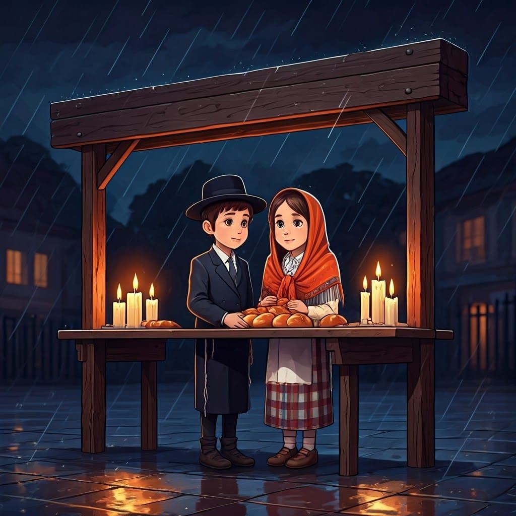 Jewish Children Offering Bread, Anime-Inspired Illustration