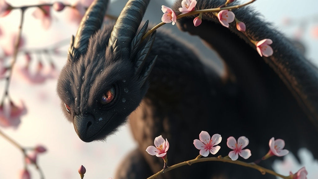 Fluffy Black Wooly Dragon with Dewdrop Wings