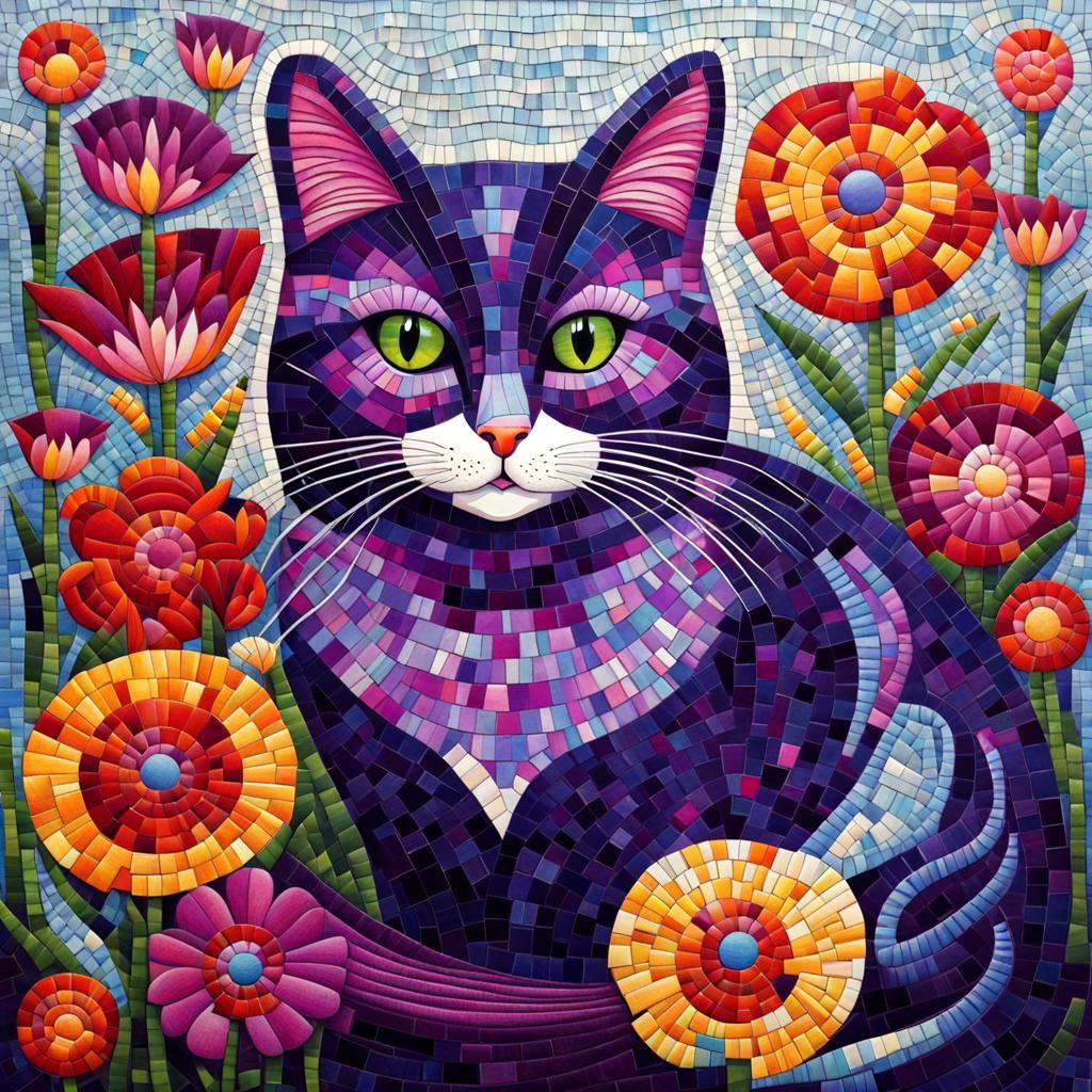 Colorful Mosaic: Purple Cat with Flowers