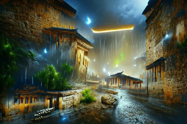 Rainstorm in Ancient City: 3D Digital Illustration