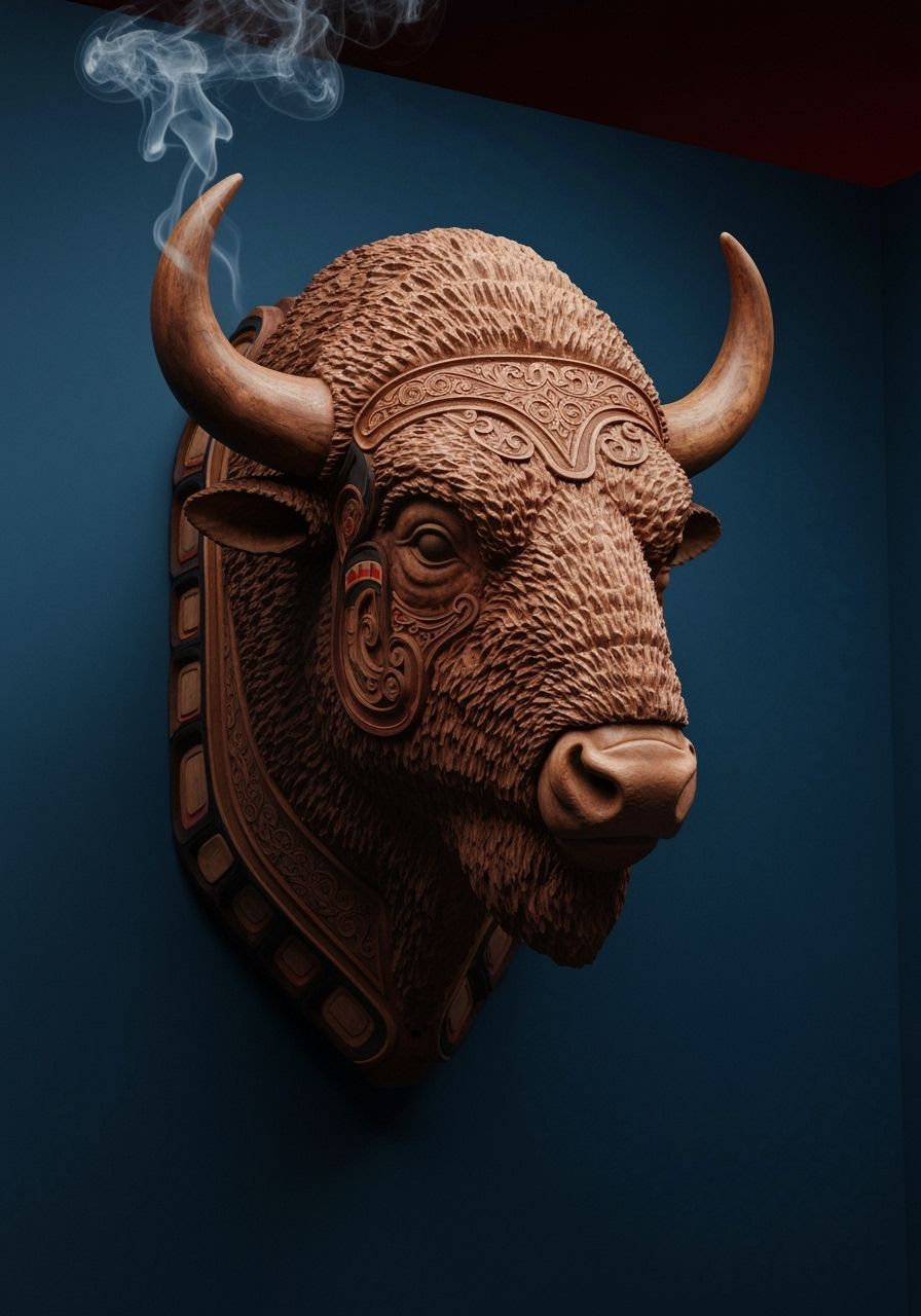 Detailed Bison Head Sculpture with Red Accents