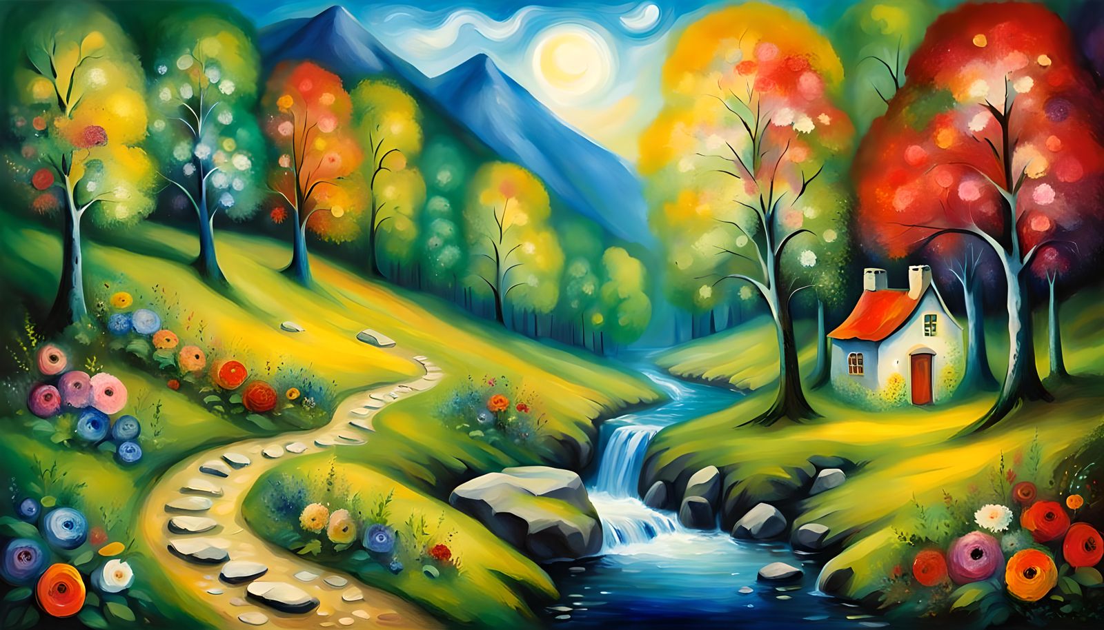 Dreamy Forest Stream in Chagall Oil Painting Style