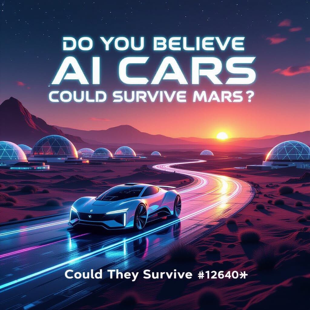 Futuristic Mars Colony at Sunset: AI Car on Holographic Road