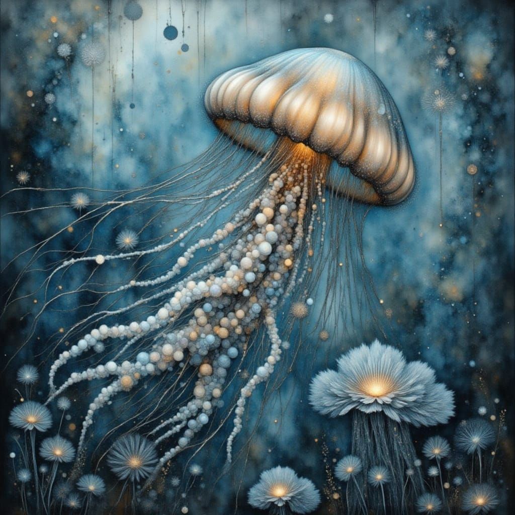 Jellyfish Underwater Watercolor Drawing with Lace Texture