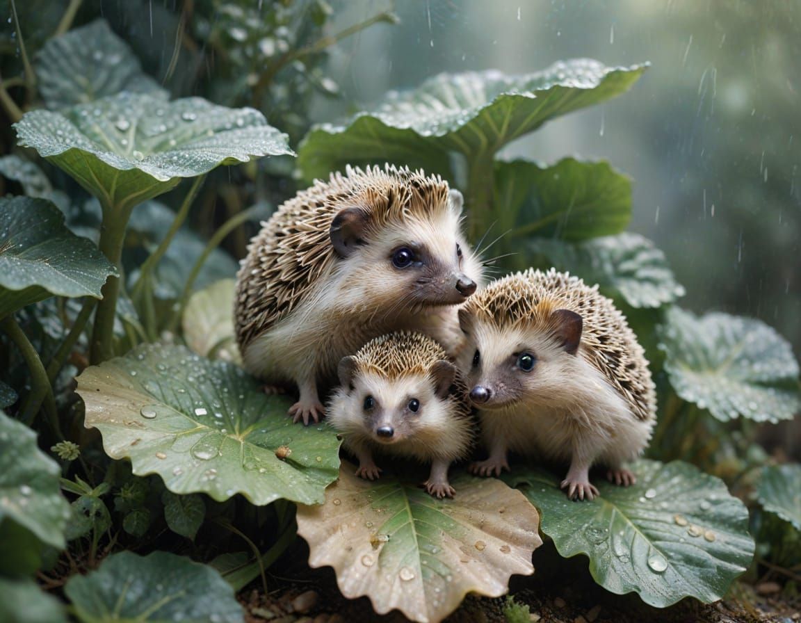 Hedgehogs in Dewy Garden: A Mixed Media Storybook Scene