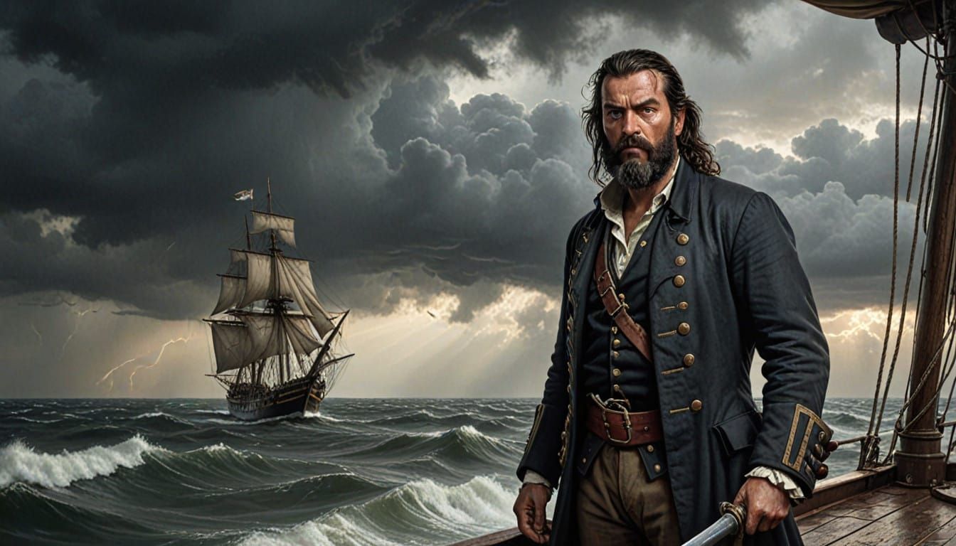 Fearless Pirate Captain Blackbeard Dominates Stormy Seas