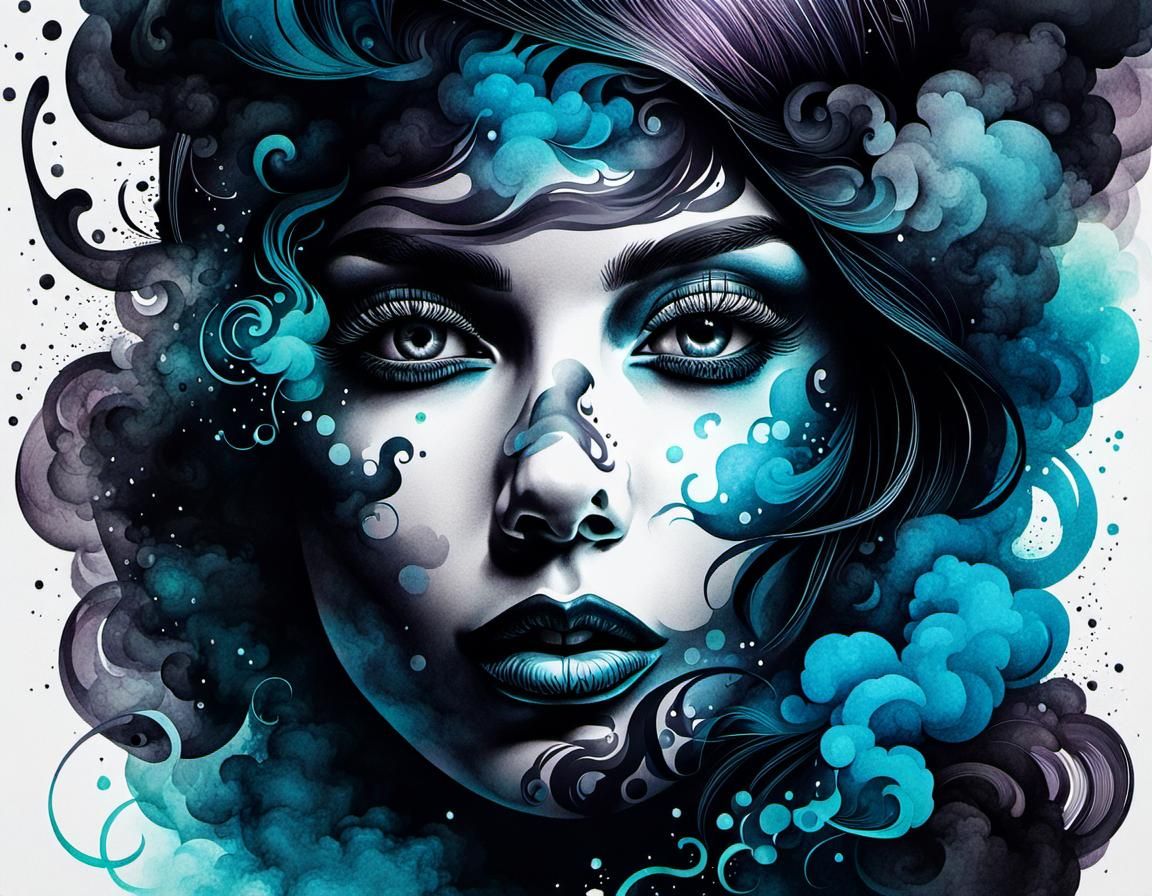 Psychedelic Ink Illustration of Smoky Woman's Face