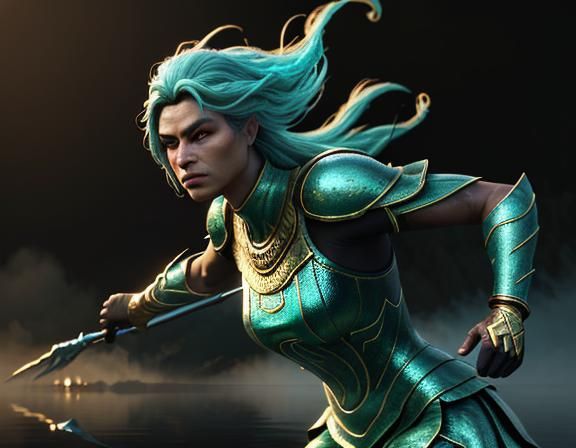 Female Amphibioid on Misty Lake Shore