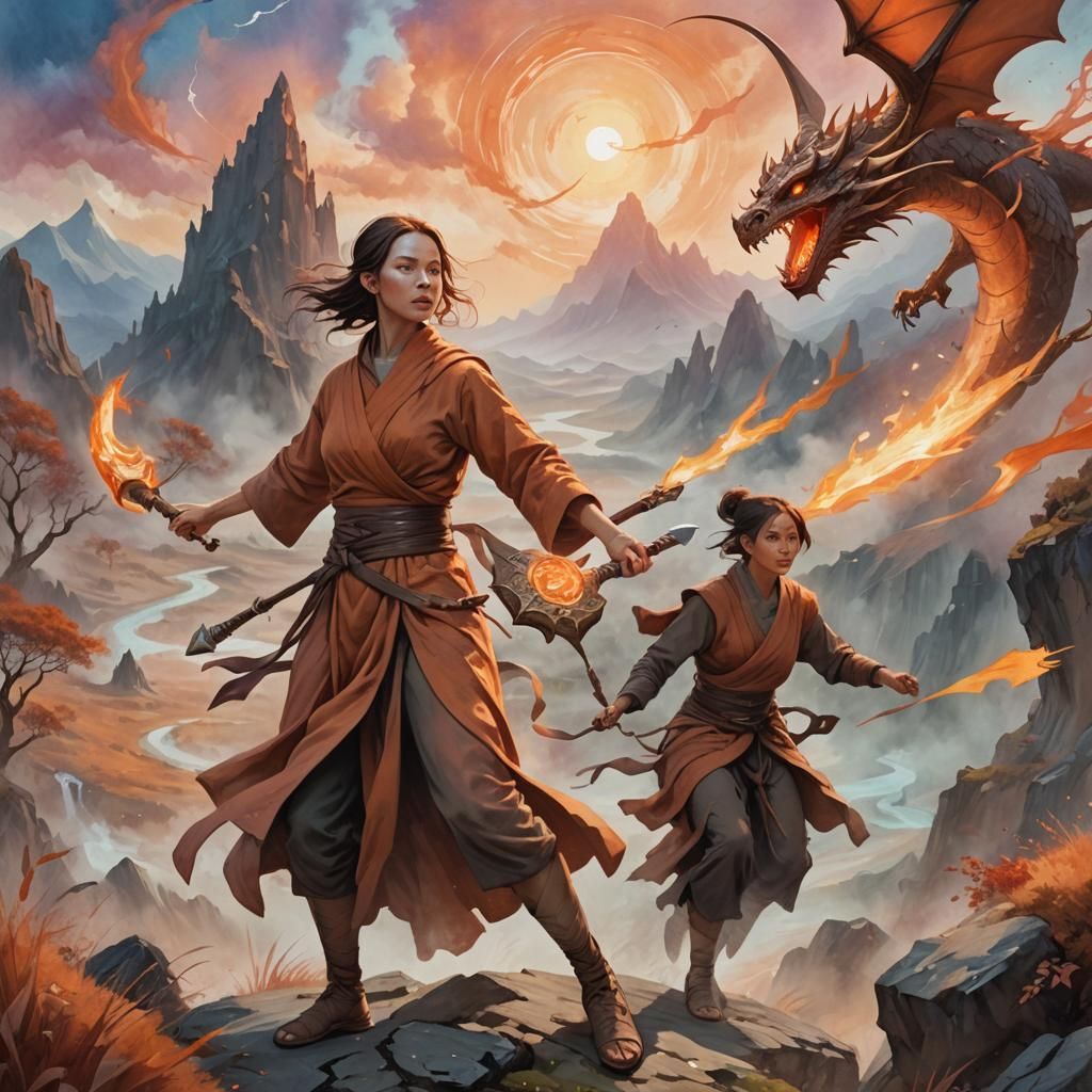 Mystical Monk and Firedrake in Dreamlike Landscape