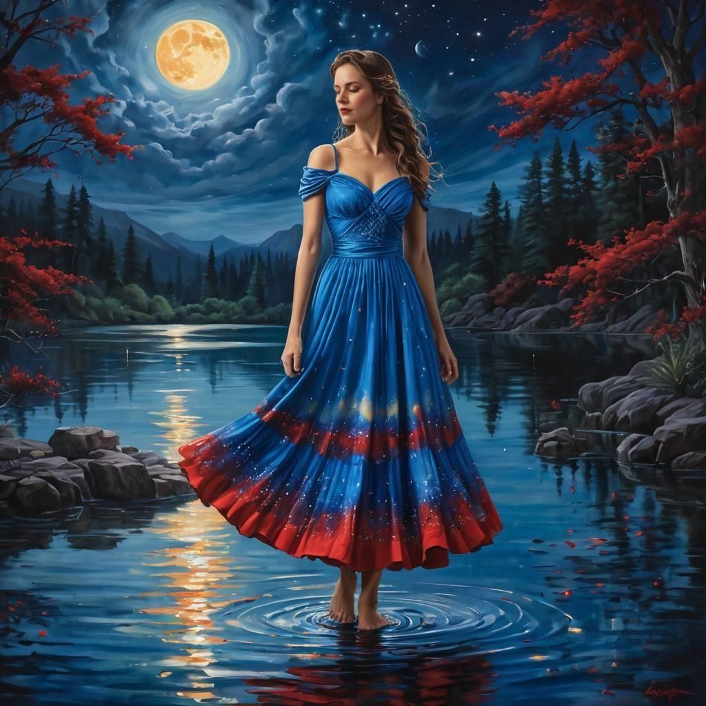 Cosmic Serenade: Lake Under Crimson Moon Painting