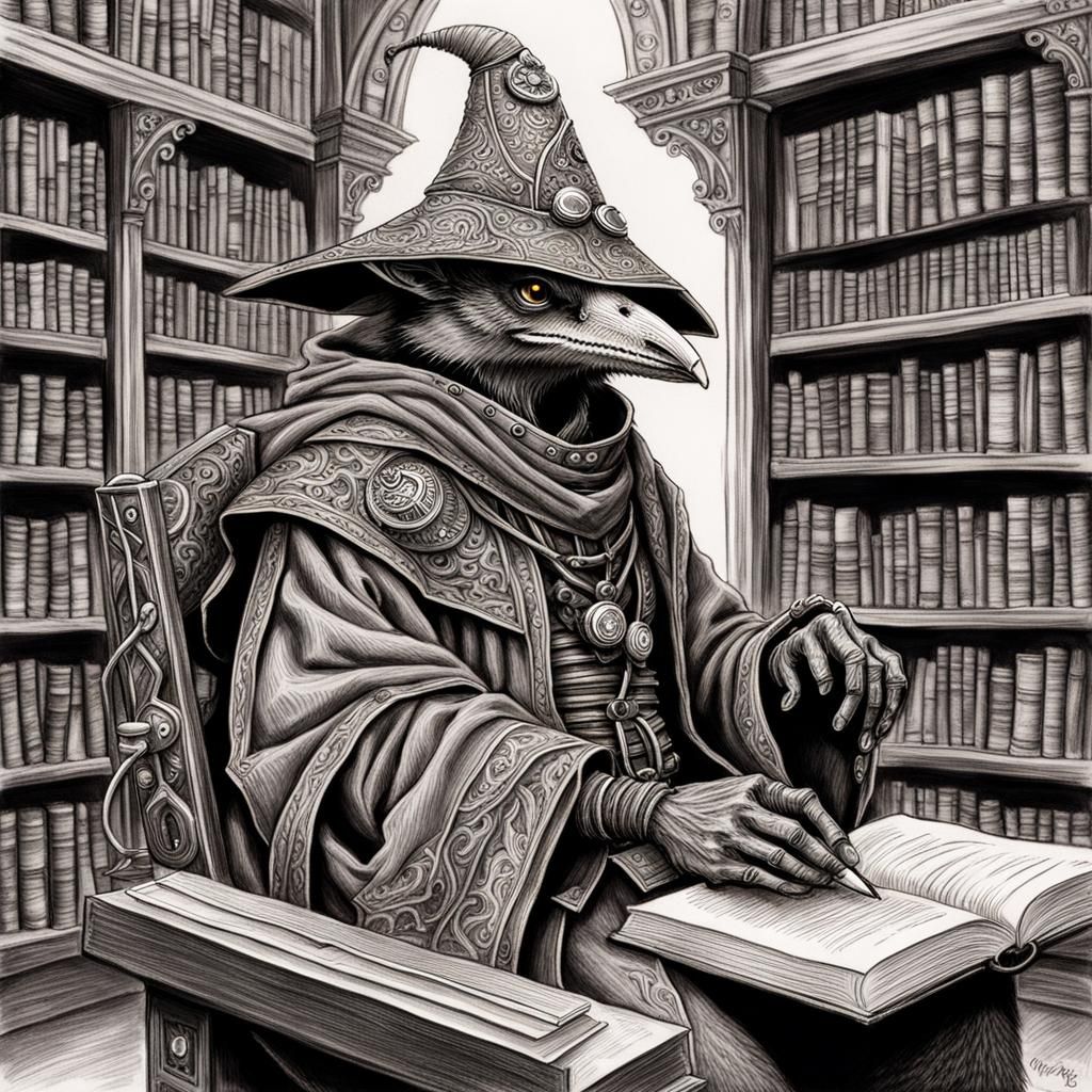 Steampunk Kenku Spore Druid in Library